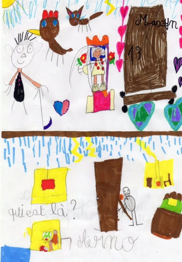 Deux dessins de jeunes enfants, l'un avec des coeurs roses, l'autre avec des scènes du spectacle Qui est là ? coloriées en jaune. Point commun : une porte marron.