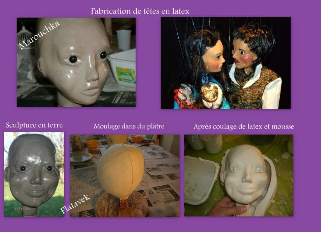 Montage de quatre photos montrant les étapes de création d’une tête de marionnette : sculpture en terre, moulage en plâtre, démoulage après coulage du latex et mousse, puis marionnette terminée. Le tout avec des légendes explicatives.