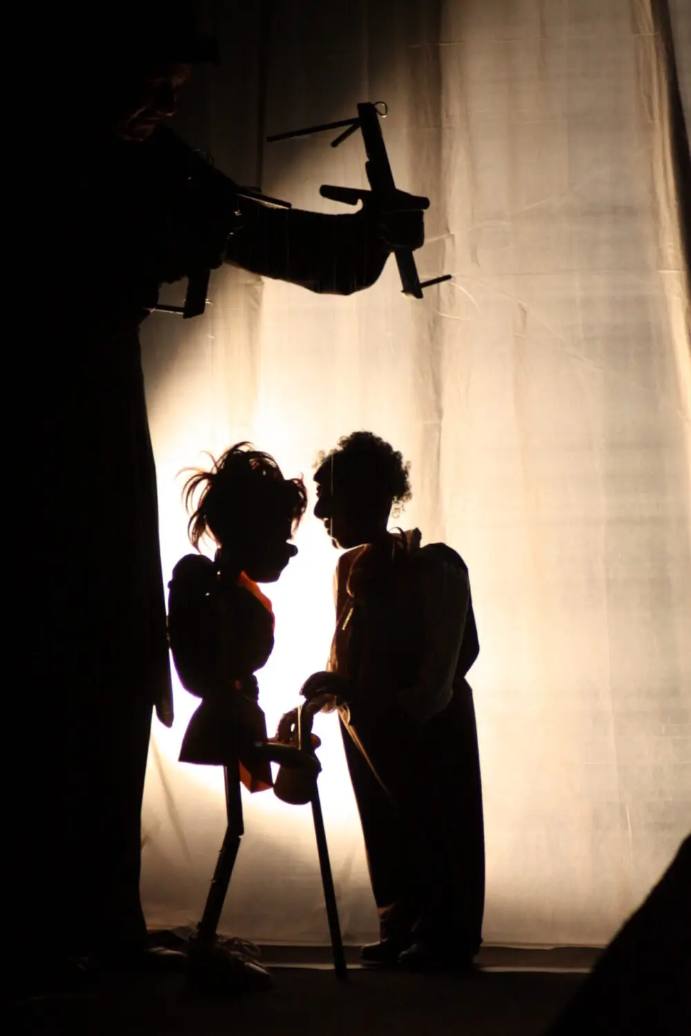 On voit deux marionnettes à fils aux profils noirs manipulées par une marionnettiste, vêtue de noir, à l'aide d'un "contrôle" ou "guide" noir. Il s'agit de théâtre d'ombres par devant : les marionnettes discutent entre elles devant un rideau illuminé en blanc. Une lumière blanche venant de derrière elles les éclairent.