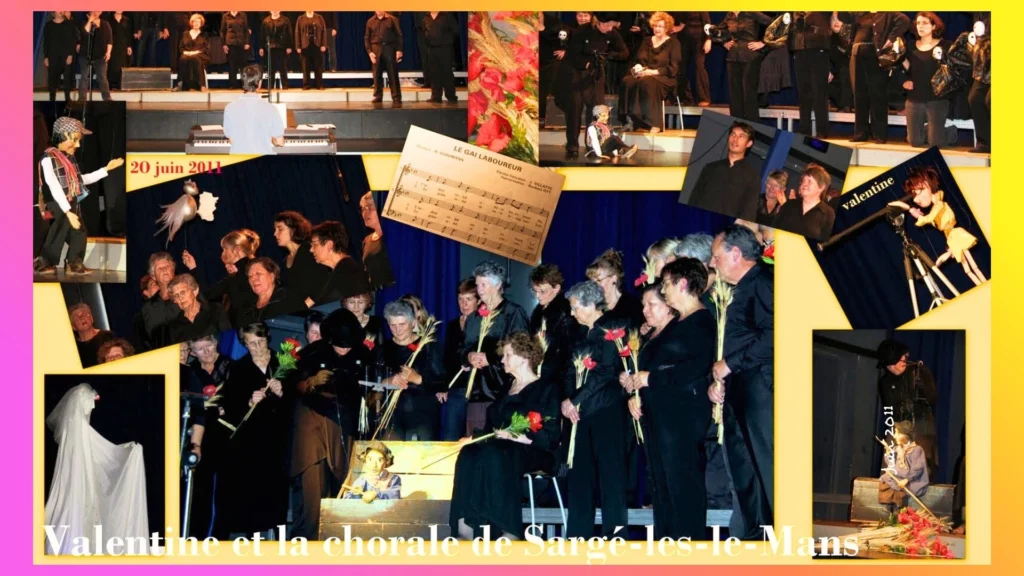 Spectacle avec la chorale d'adultes vêtus de noir portant un bouquet de coquelicots et les marionnettes de la compagnie Lily. O, voit ici la marionnette à fils en jaune, la dame blanche mystérieuse, et le laboureur assis dans son coffre. Spectacle mis en scène par Liliane Plouzeau à Sarge-les-le-Mans